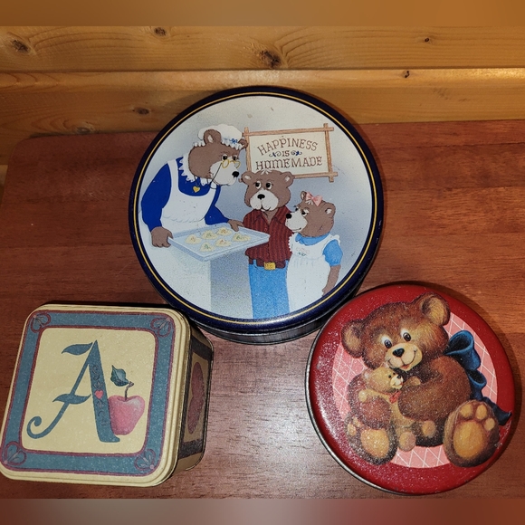 Vintage Teddy Bear Tins Lot: Happiness is Homemade Candy Tin & Hearts, Cat Tin - Picture 2 of 9